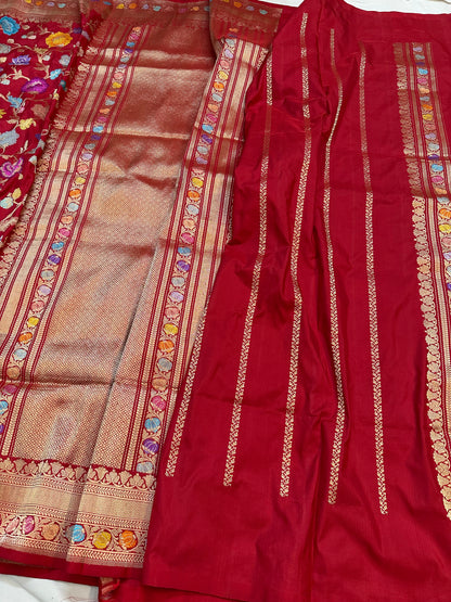 Red Multi Jungla Pure Handloom Banarasi Katan by Katan Silk Saree