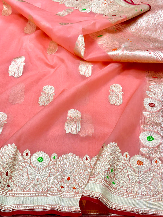 Peach Handloom Pure Banarasi Kora Organza Saree
