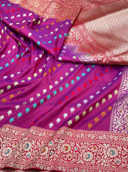 Magenta Pure Handloom Banarasi Katan by Katan Silk Kadhwa weave Saree