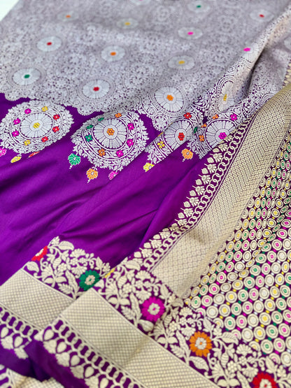 Purple Designer Handloom Pure Banarasi Katan by Katan Silk Kadhwa weave Saree