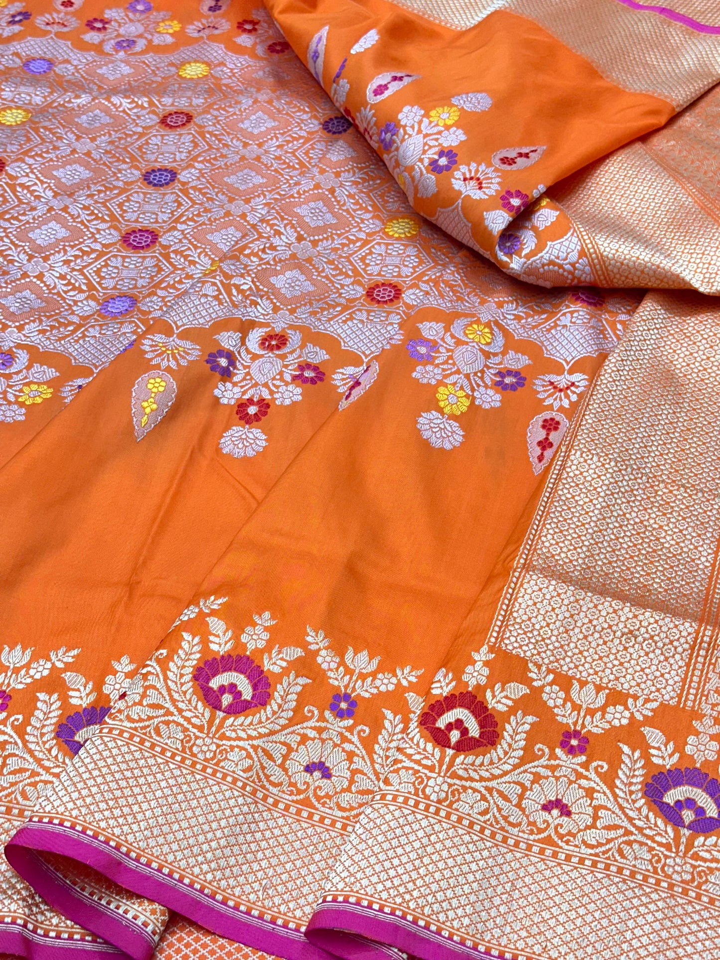 Orange Skirt Pattern Designer Handloom Banarasi Katan by Katan Silk Saree
