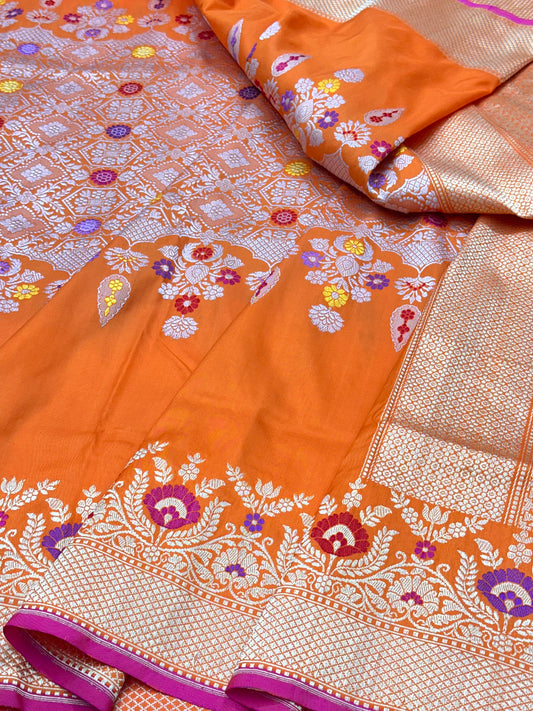 Orange Skirt Pattern Designer Handloom Banarasi Katan by Katan Silk Saree