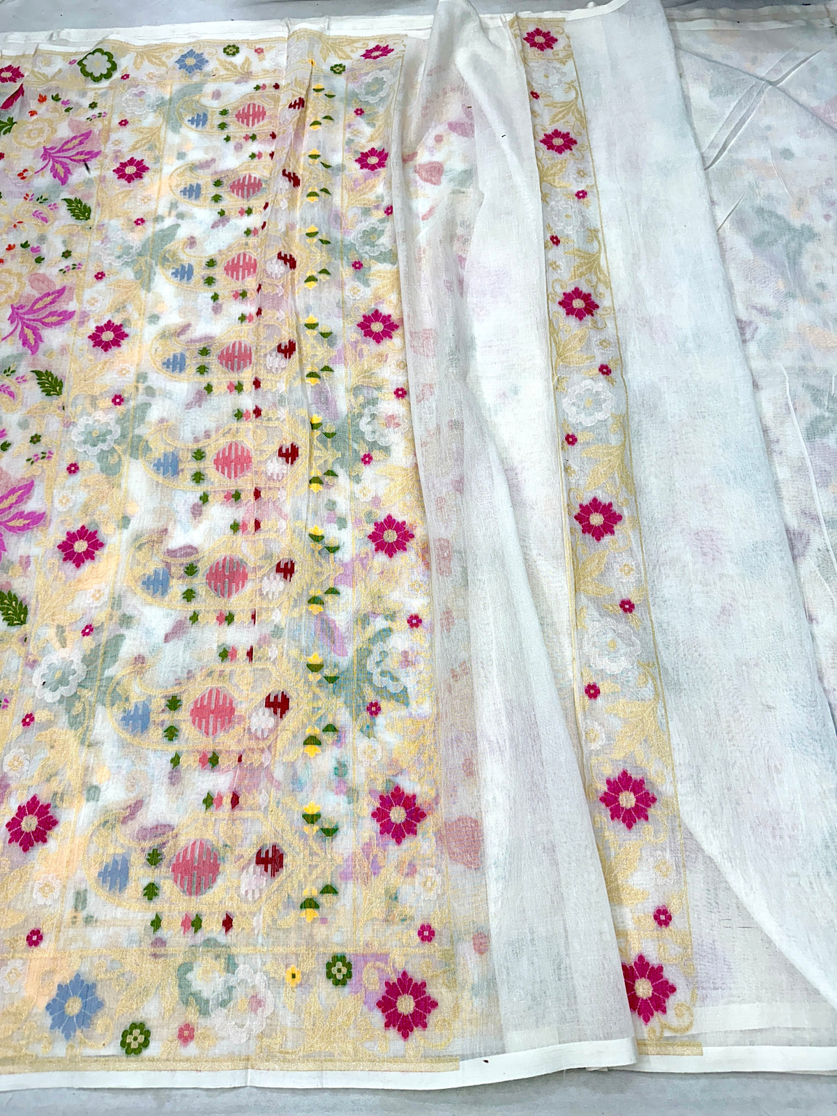 White Pure Banarasi Cotton Jamdani Cutwork weave Saree