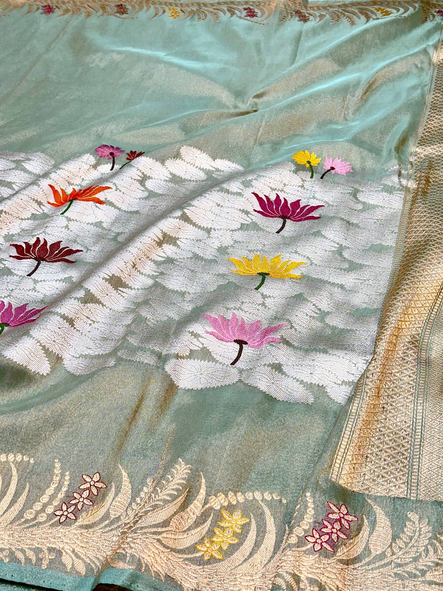 Sea Green Skirt Pattern Designer Handloom Banarasi Katan by Tissue Silk Saree