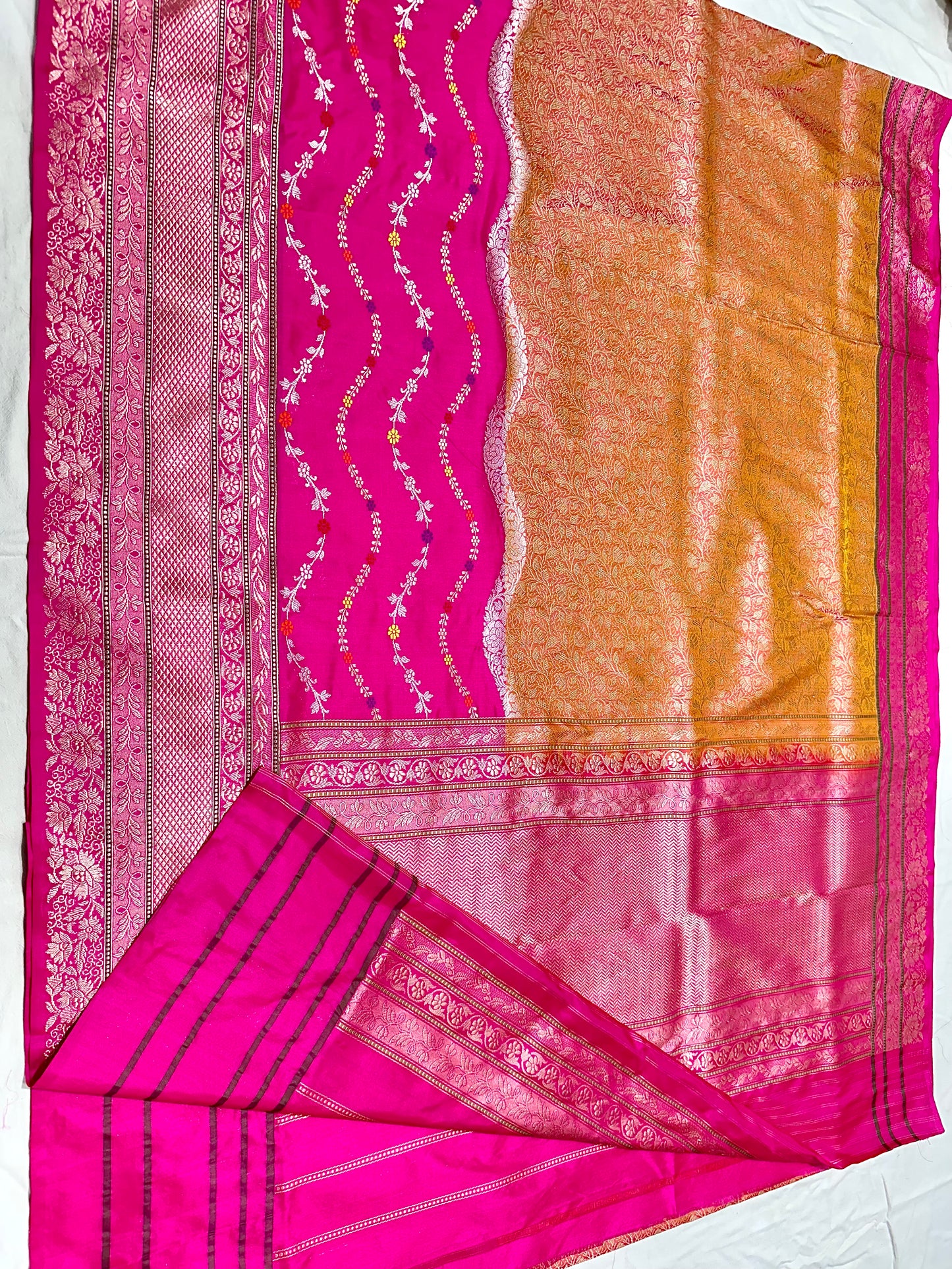 Rani Pink & Golden Designer Half-Half Handloom Pure Banarasi Katan by Katan Silk Kadhwa weave Saree