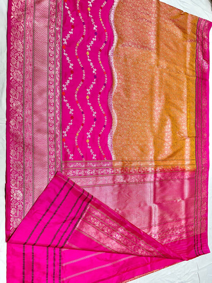 Rani Pink & Golden Designer Half-Half Handloom Pure Banarasi Katan by Katan Silk Kadhwa weave Saree