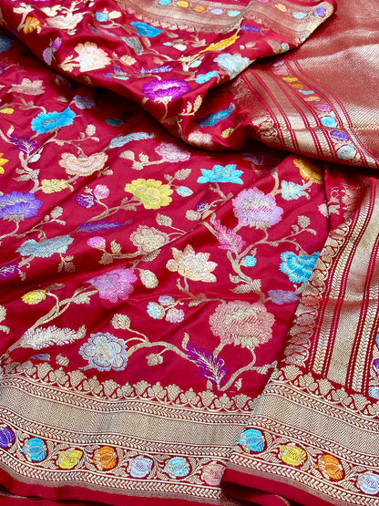 Red Multi Jungla Pure Handloom Banarasi Katan by Katan Silk Saree