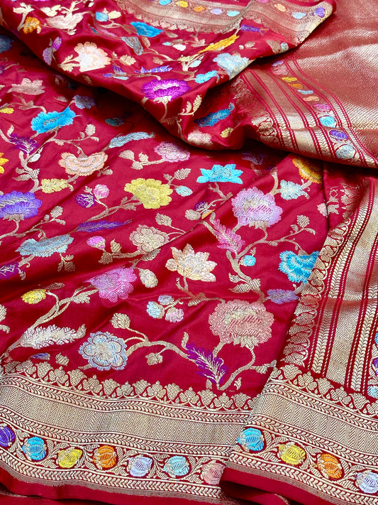 Red Multi Jungla Pure Handloom Banarasi Katan by Katan Silk Saree
