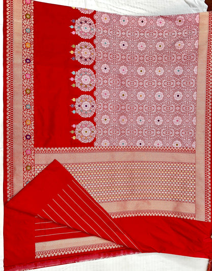Red Designer Handloom Pure Banarasi Katan by Katan Silk Kadhwa weave Saree