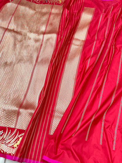 Red Skirt Pattern Designer Handloom Pure Banarasi Katan by Katan Silk Kadhwa weave Saree