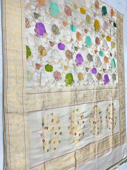 Ivory white Ektara Mulberry Pure Handloom Banarasi Katan by Katan Silk Kadhwa weave Saree