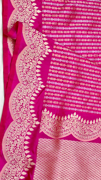 Rani Pink Stripes Scallop border Designer Handloom Banarasi Katan by Katan Silk Saree