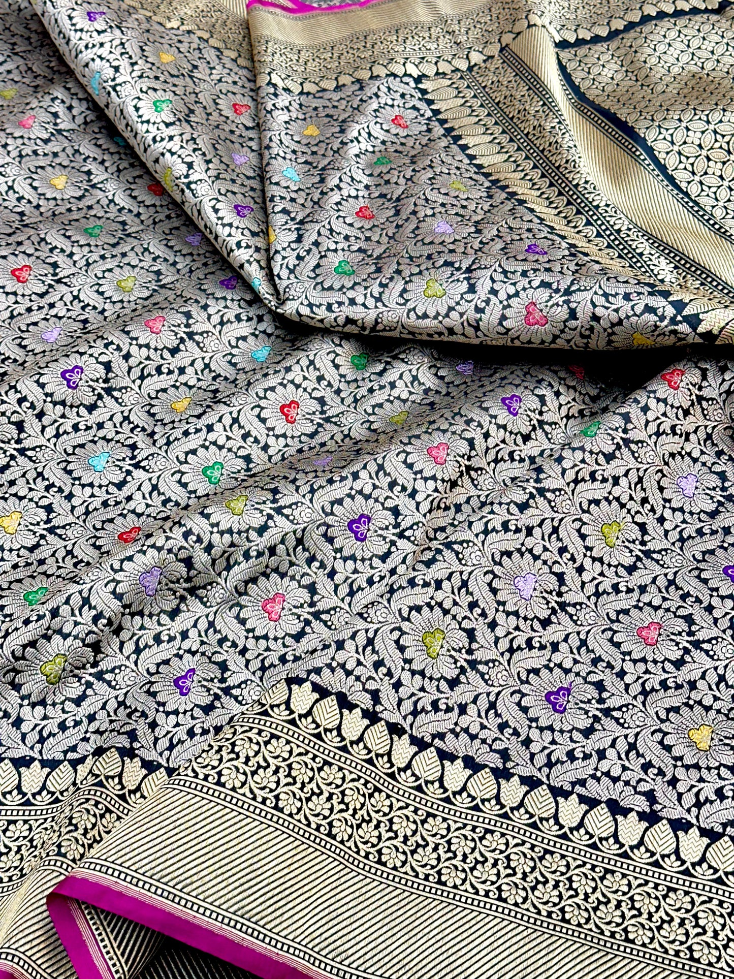 Black Designer Handloom Pure Banarasi Katan by Katan Silk Kadhwa weave Brocade Saree