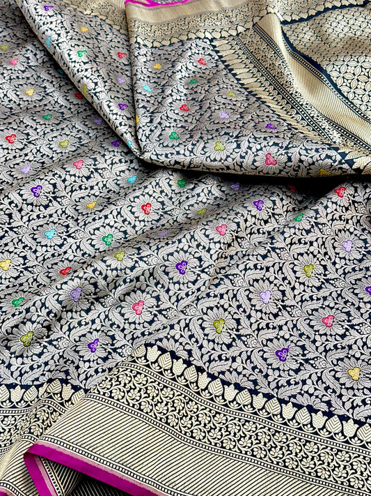 Black Designer Handloom Pure Banarasi Katan by Katan Silk Kadhwa weave Brocade Saree