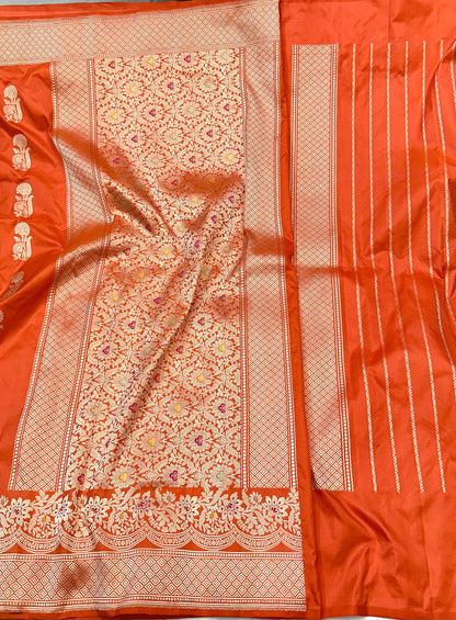 Orange Designer Handloom Banarasi Katan by Katan Silk Saree