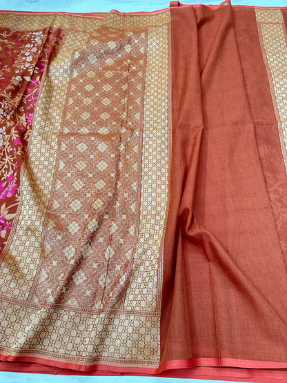 Rust Pure Banarasi Cotton Jamdani Cutwork weave Saree