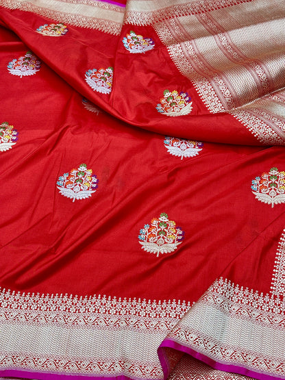 Red Designer Handloom Pure Banarasi Katan by Katan Silk Kadhwa weave Saree