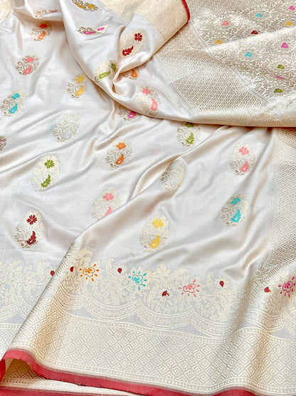 Half White Designer Handloom Banarasi Katan by Katan Silk Saree