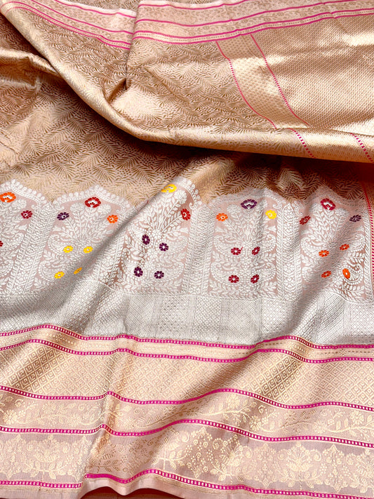 Ivory Skirt Pattern Designer Handloom Banarasi Katan by Katan Silk Saree