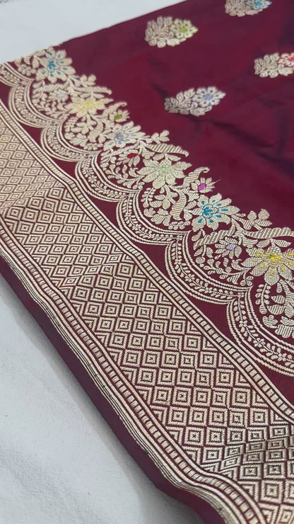 Maroon Designer Handloom Banarasi Katan by Katan Silk Saree