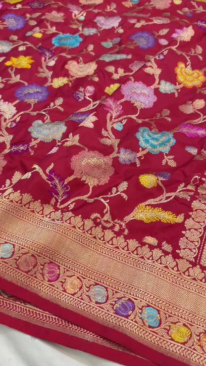 Red Multi Jungla Pure Handloom Banarasi Katan by Katan Silk Saree